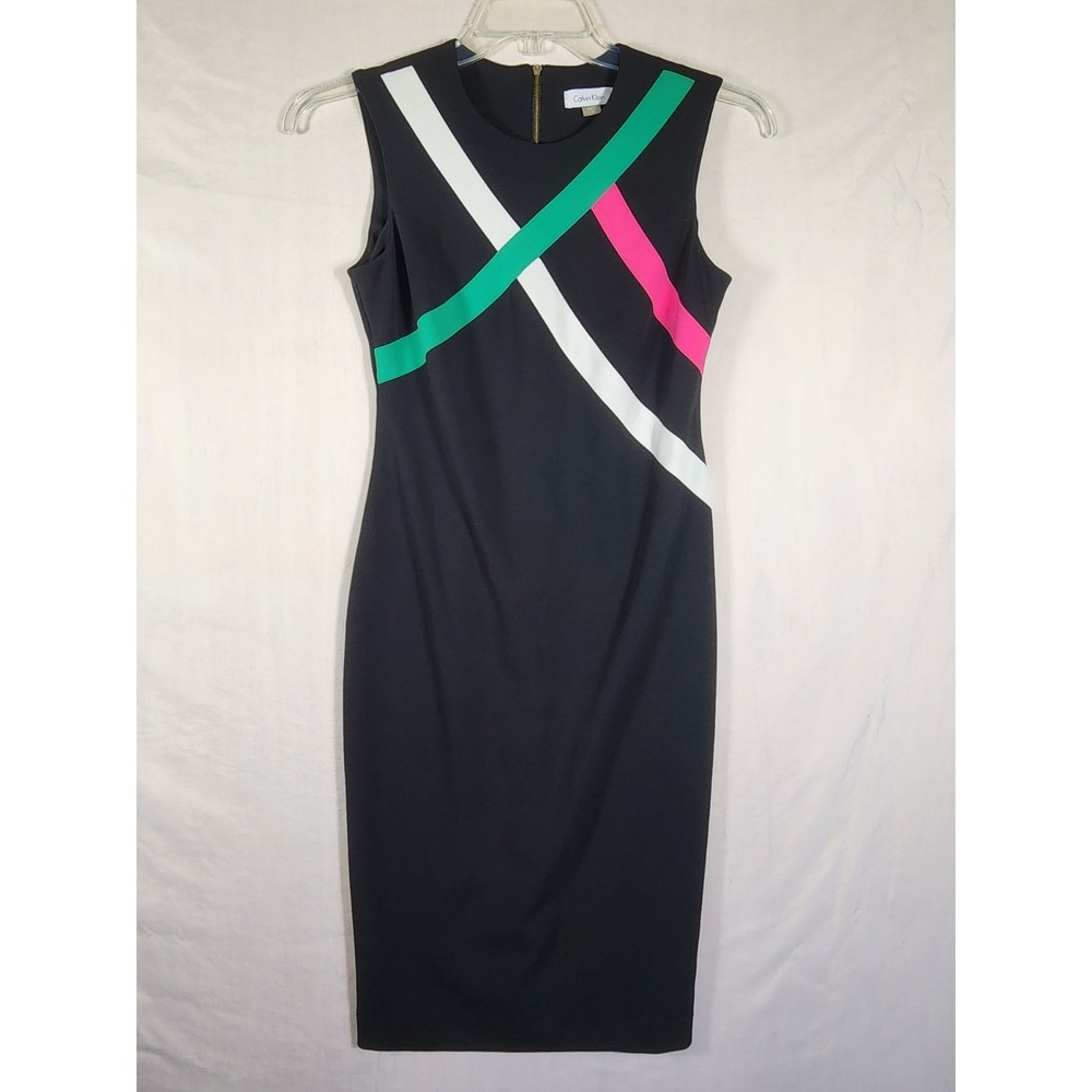 Calvin Klein Womens 4 Black Colorblock Sheath Dress Mod Geometric Career Retro